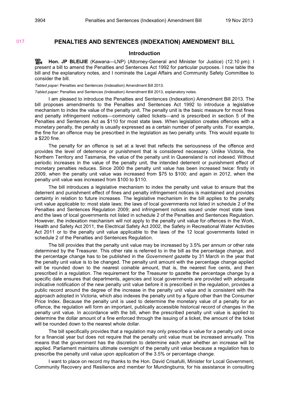 Penalties and Sentences (Indexation) Amendment Bill 19 Nov 2013