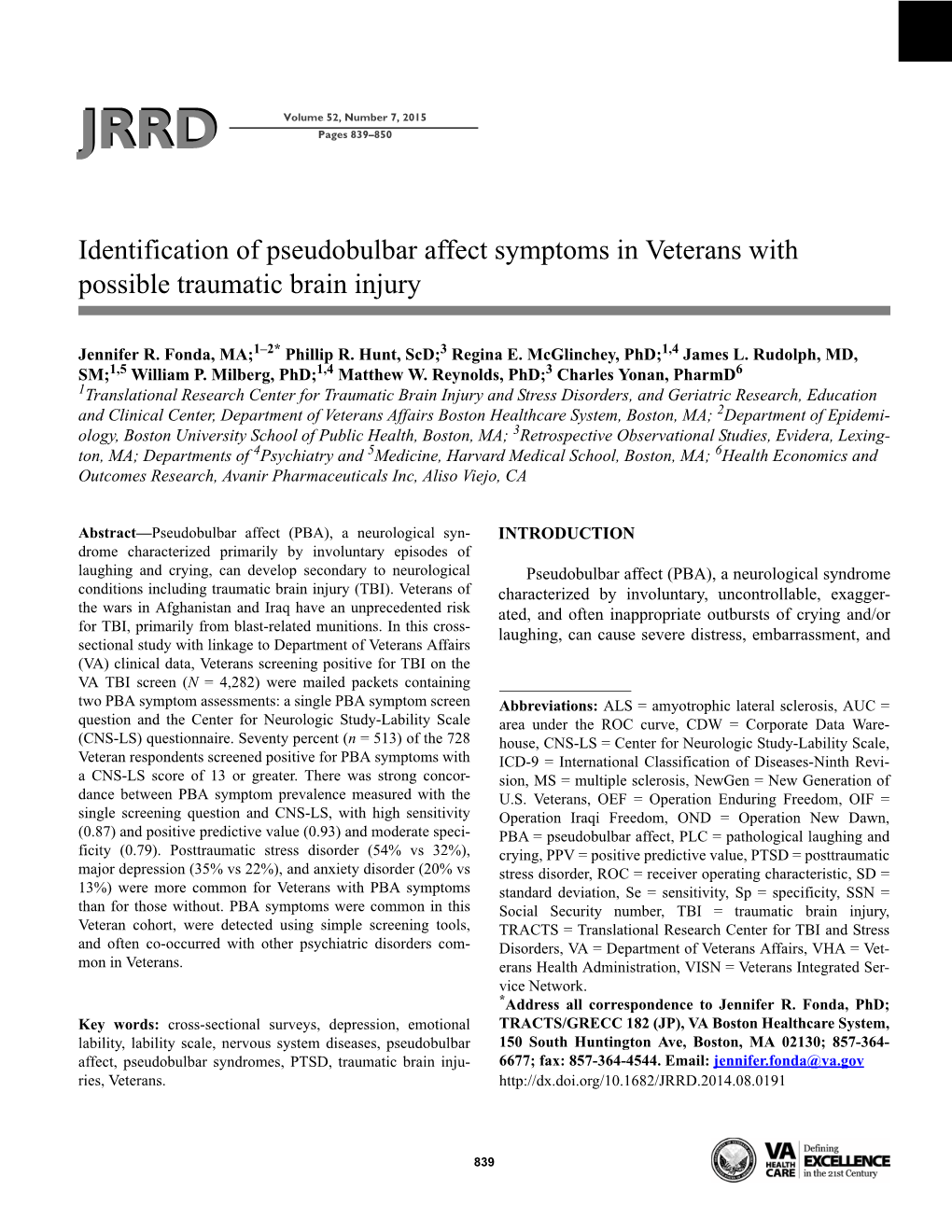 Identification of Pseudobulbar Affect Symptoms in Veterans with Possible Traumatic Brain Injury