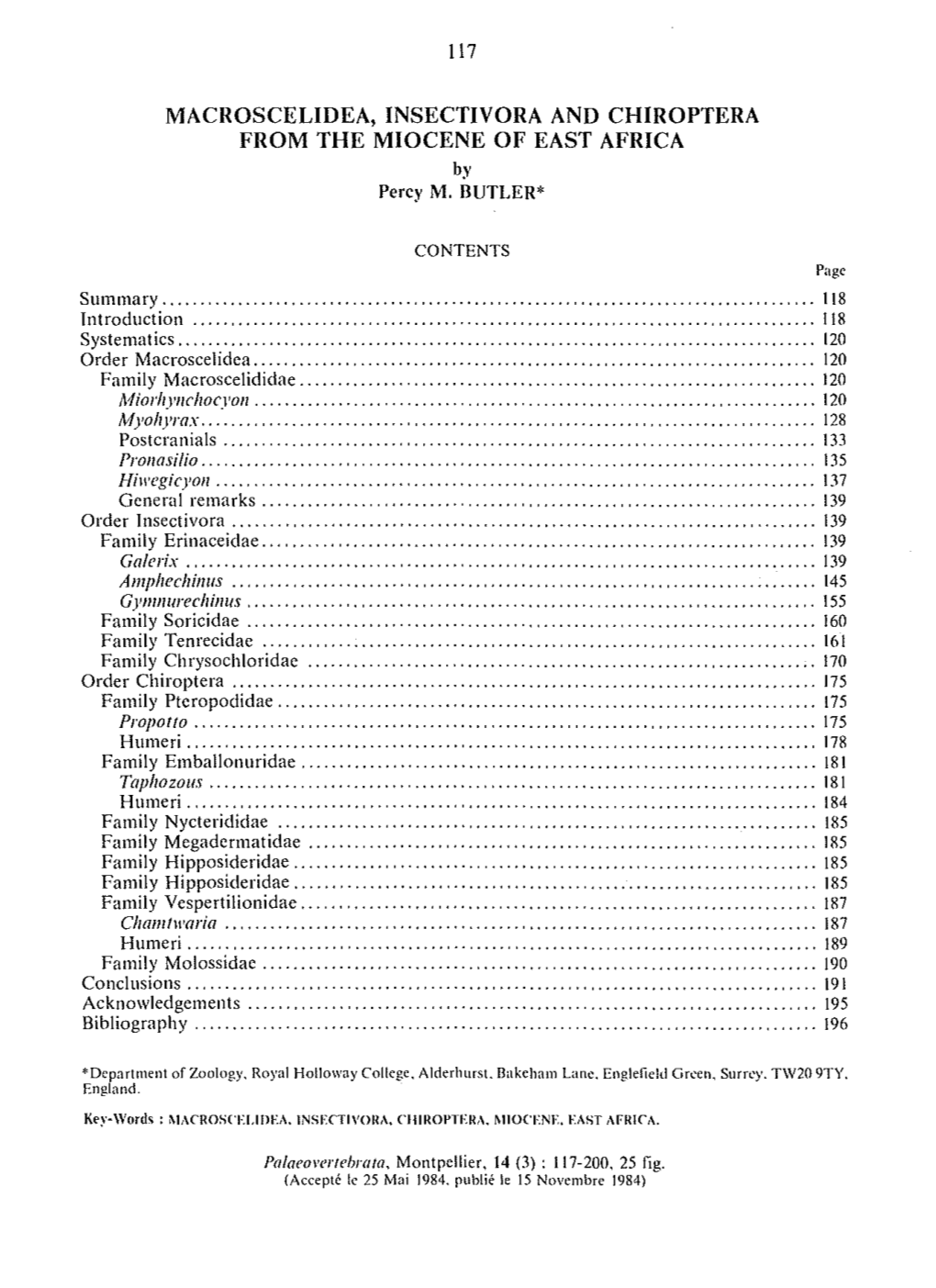 MACROSCELIDEA, INSECTIVORA and CHIROPTERA from the MIOCENE of EAST AFRICA by Percy M