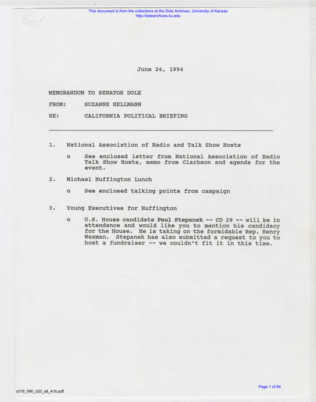 June 24, 1994 MEMORANDUM to SENATOR DOLE FROM