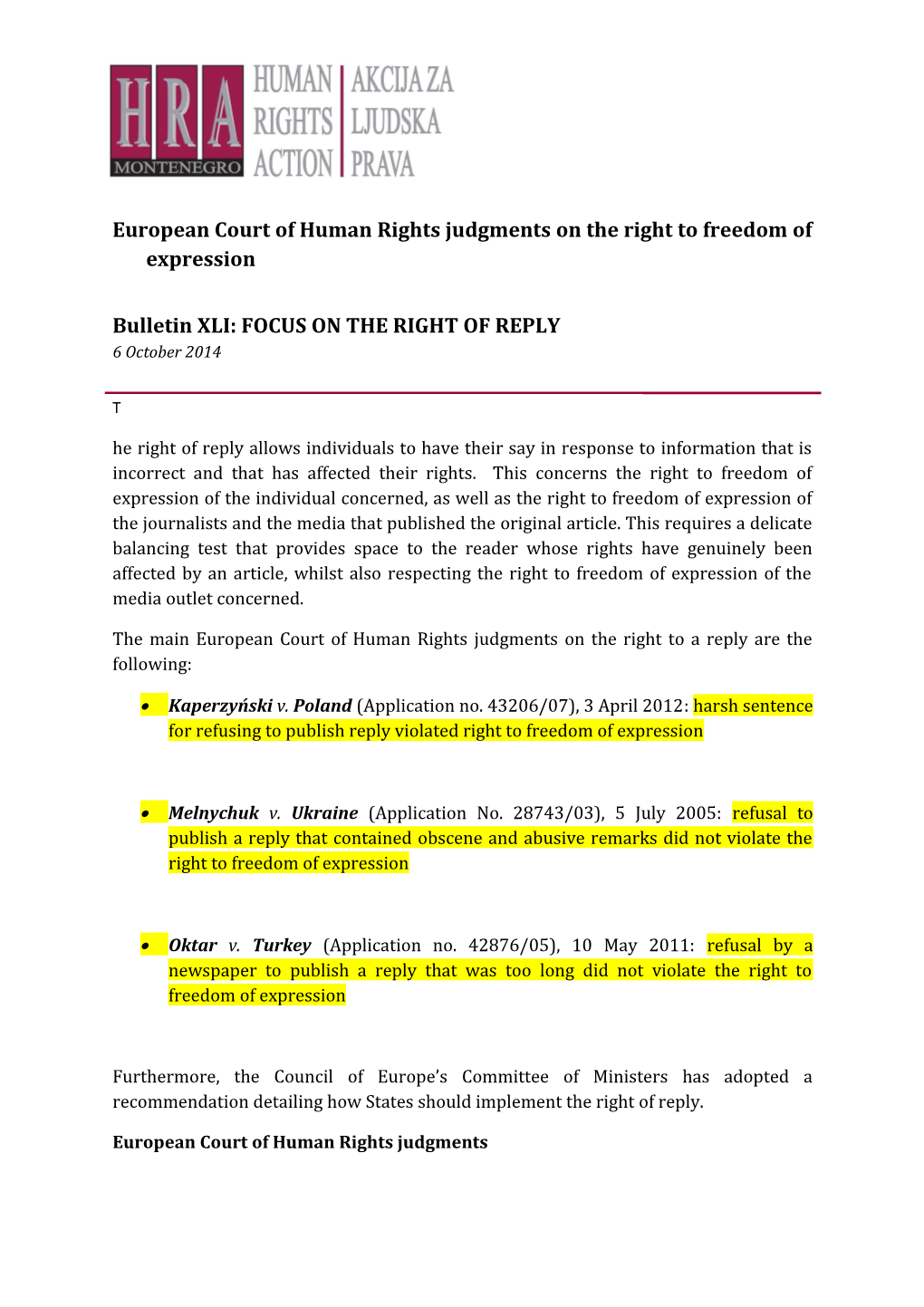 European Court of Human Rights Judgments on the Right to Freedom of Expression