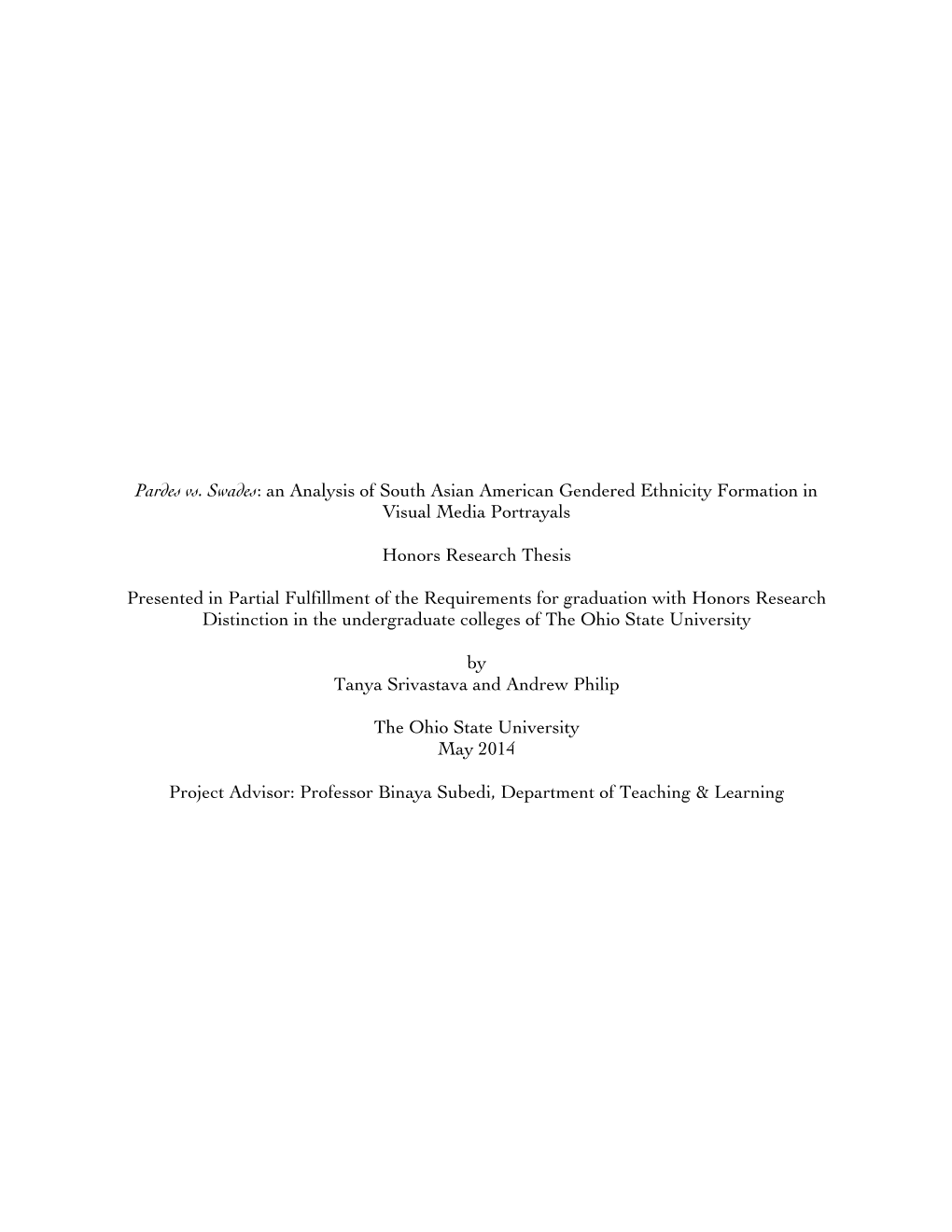 Pardes Vs. Swades: an Analysis of South Asian American Gendered Ethnicity Formation in Visual Media Portrayals