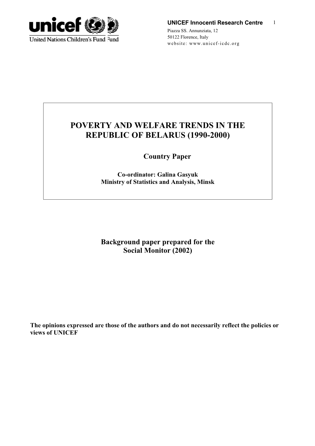 Poverty and Welfare Trends in the Republic of Belarus (1990-2000)