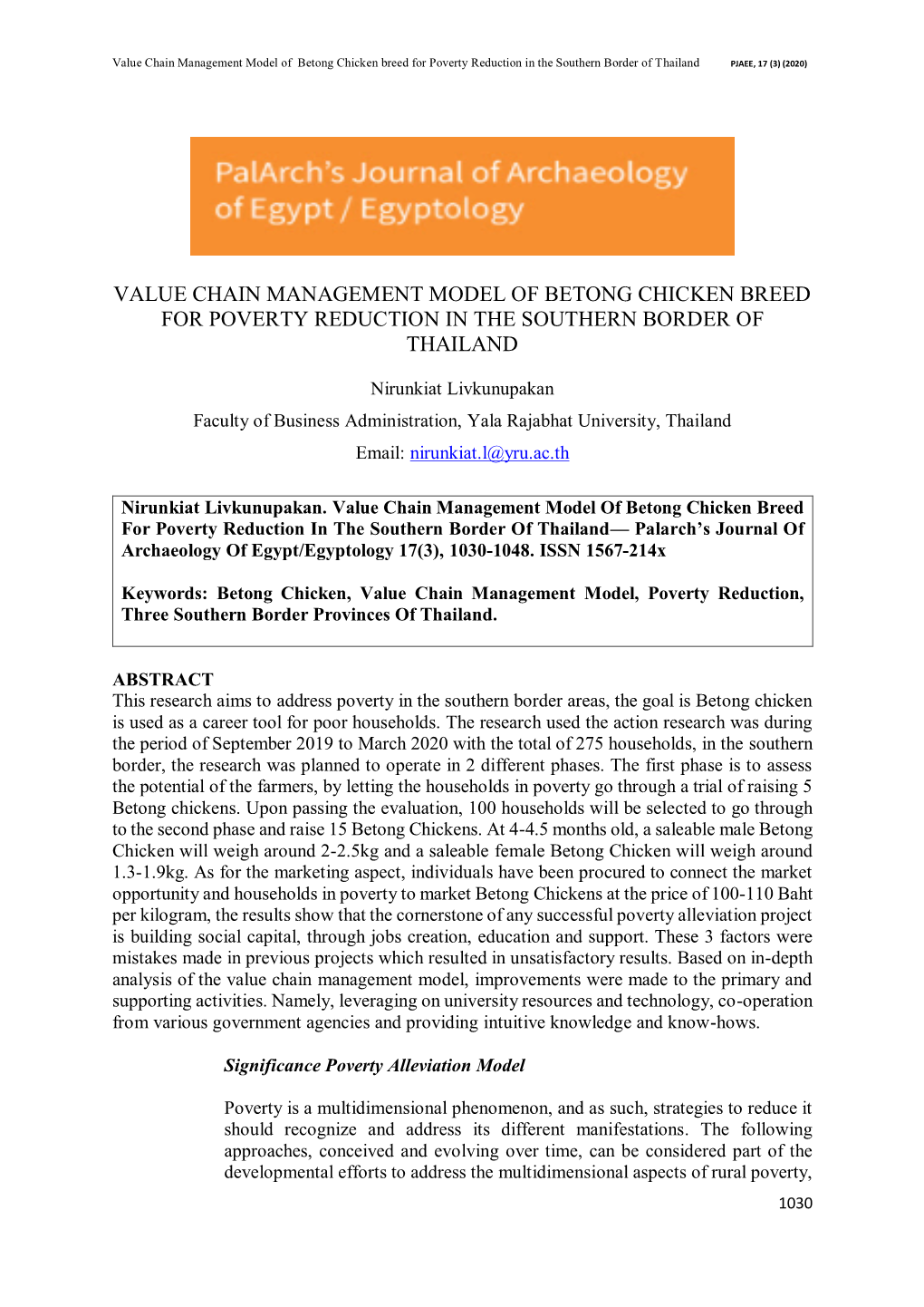 Value Chain Management Model of Betong Chicken Breed for Poverty Reduction in the Southern Border of Thailand PJAEE, 17 (3) (2020)