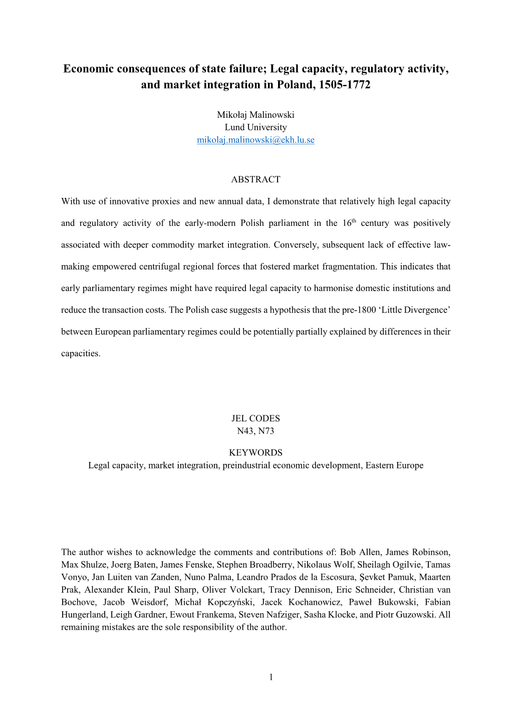 Legal Capacity, Regulatory Activity, and Market Integration in Poland, 1505-1772