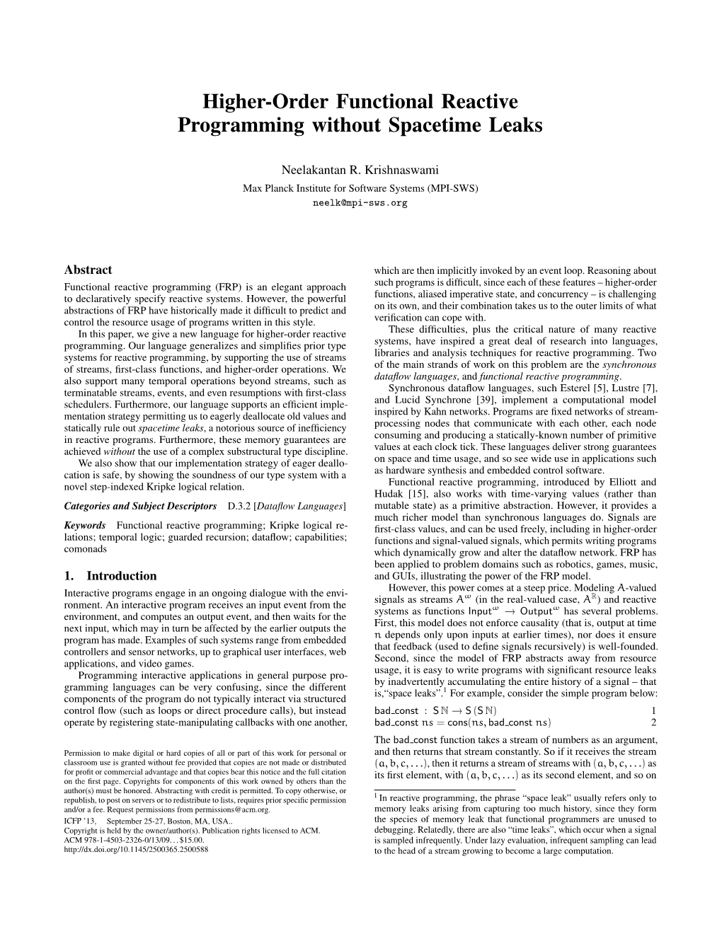 Higher-Order Functional Reactive Programming Without Spacetime Leaks