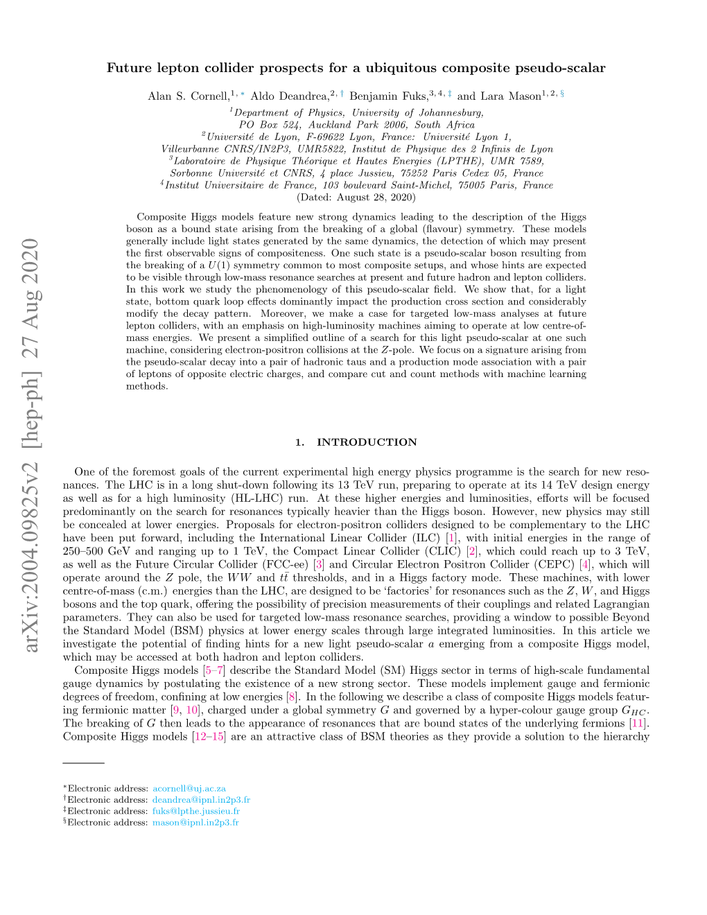 Arxiv:2004.09825V2 [Hep-Ph] 27 Aug 2020 Which May Be Accessed at Both Hadron and Lepton Colliders