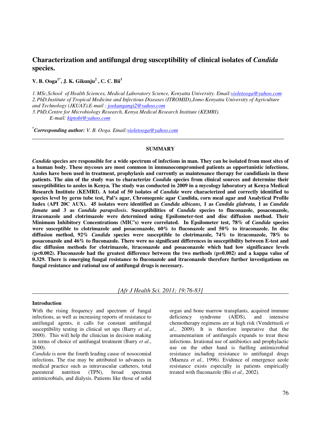 Characterization and Antifungal Drug Susceptibility of Clinical Isolates of Candida Species