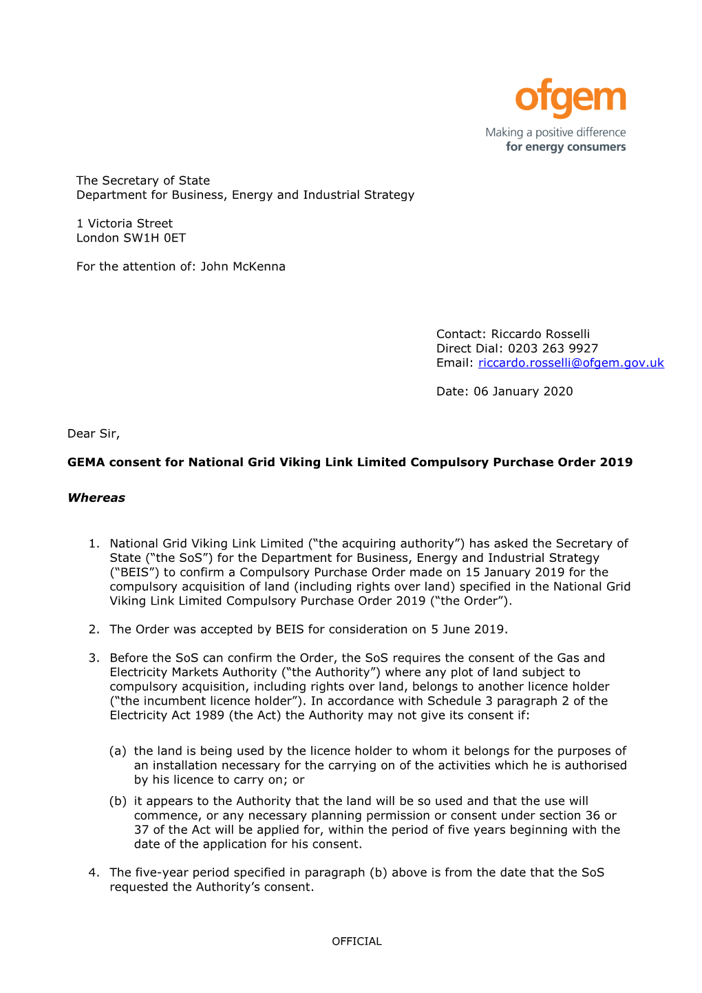 GEMA Consent for National Grid Viking Link Limited Compulsory Purchase Order 2019
