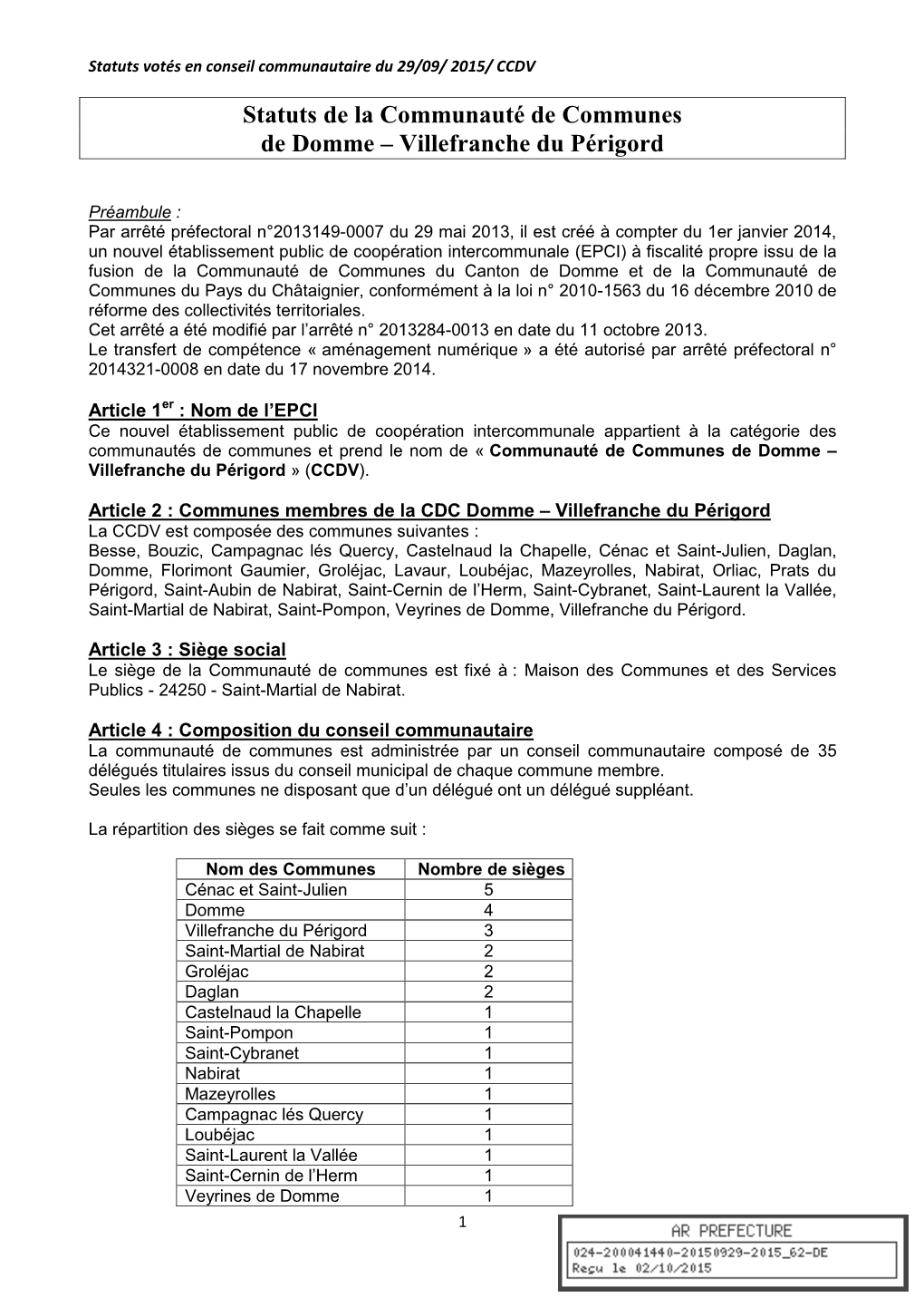 Statuts De La Communauté De Communes De Domme – Villefranche Du Périgord