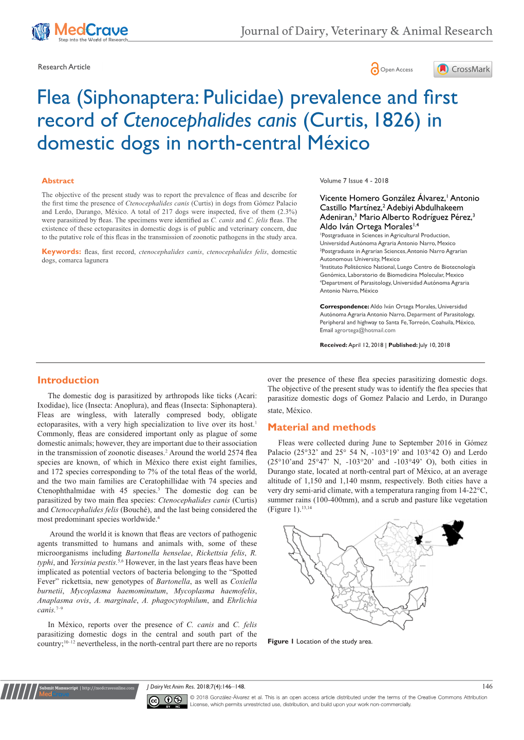 Flea (Siphonaptera: Pulicidae) Prevalence and First Record of Ctenocephalides Canis (Curtis, 1826) in Domestic Dogs in North-Central México