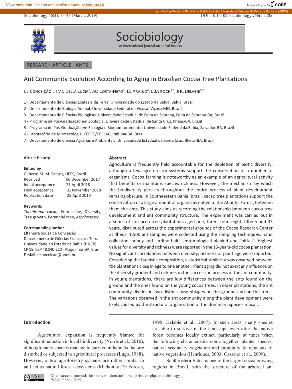 Sociobiology 66(1): 33-43 (March, 2019) DOI: 10.13102/Sociobiology.V66i1.2705