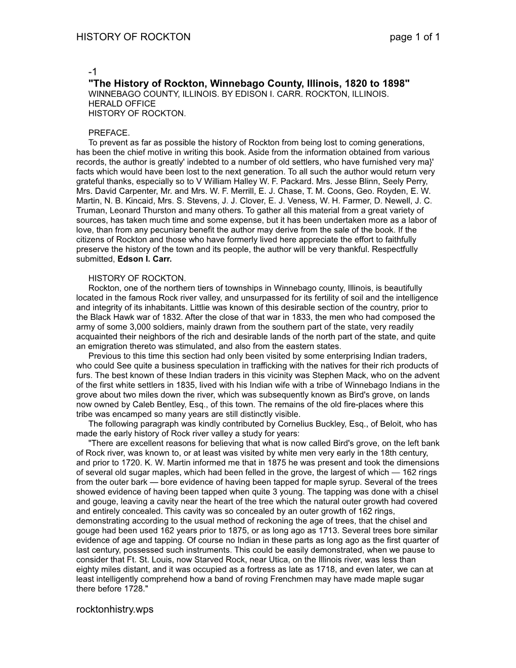 The History of Rockton, Winnebago County, Illinois, 1820 to 1898" WINNEBAGO COUNTY, ILLINOIS