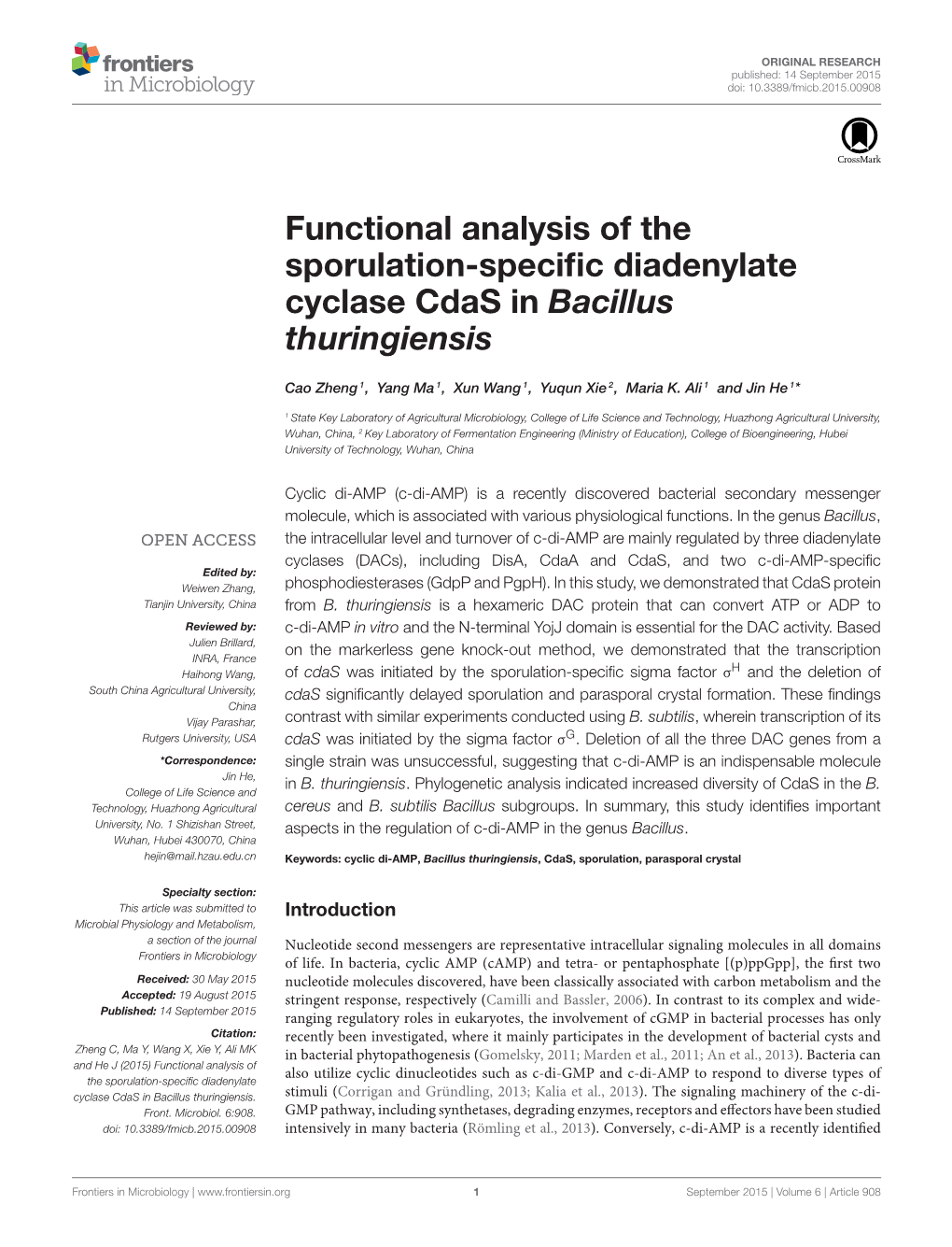 Functional Analysis of the Sporulation-Specific Diadenylate Cyclase Cdas in Bacillus Thuringiensis