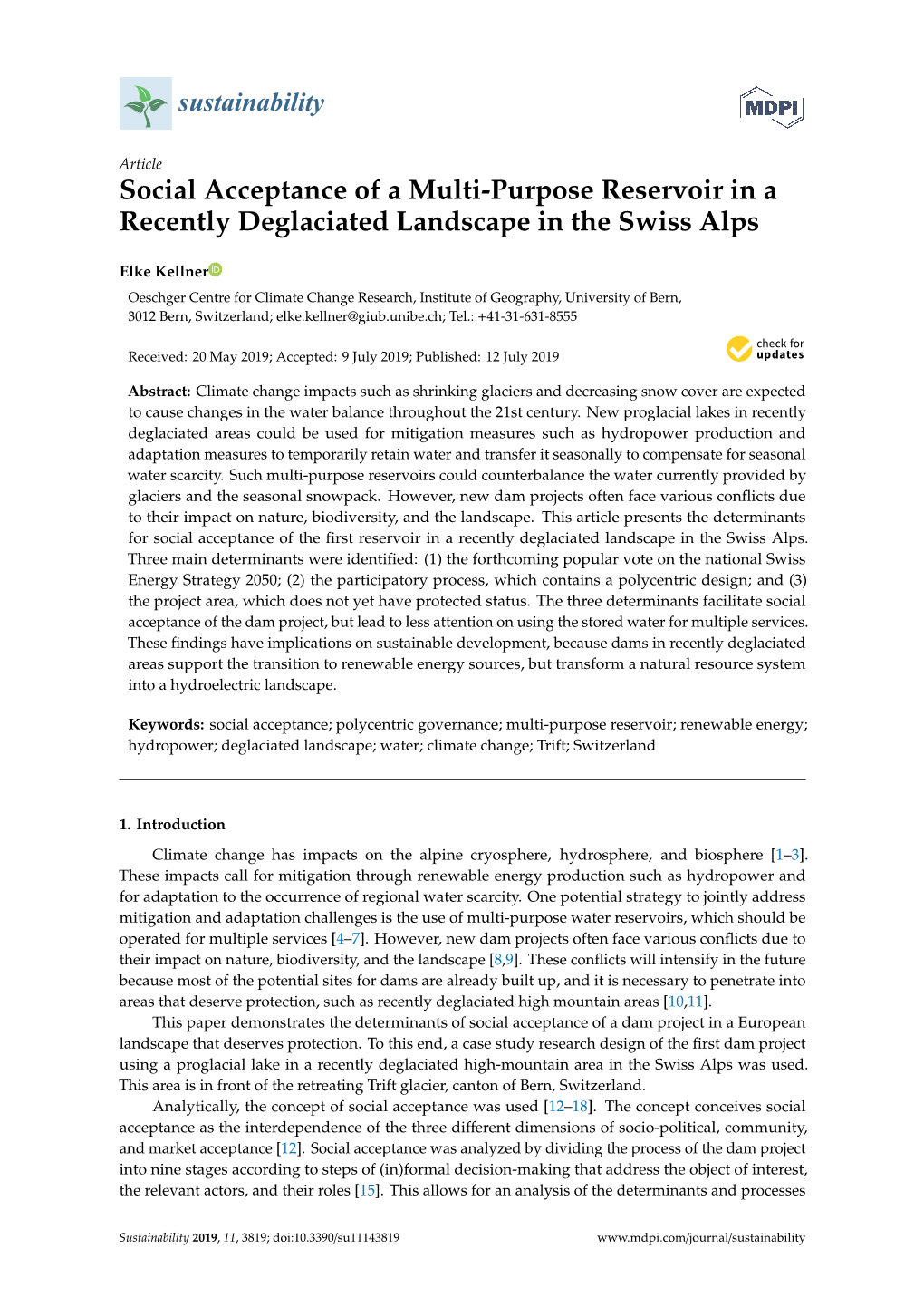 Social Acceptance of a Multi-Purpose Reservoir in a Recently Deglaciated Landscape in the Swiss Alps