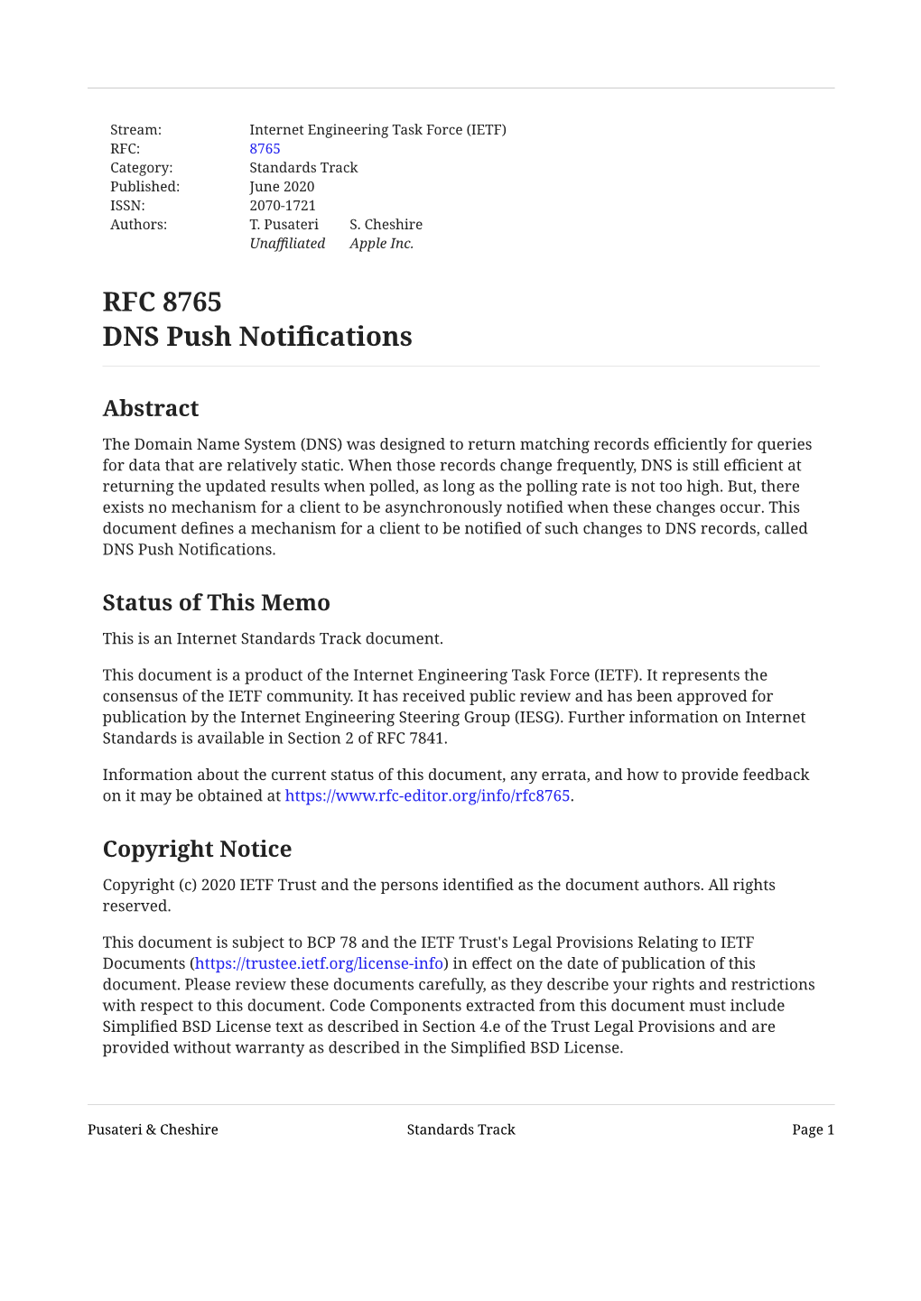 RFC 8765: DNS Push Notifications