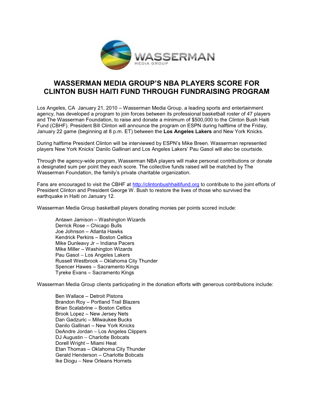 Wasserman Media Group's Nba Players Score for Clinton