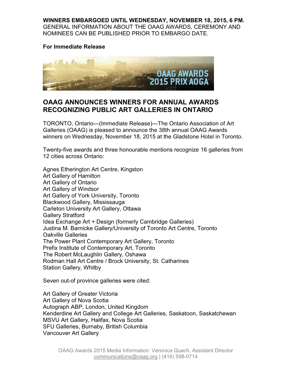 Oaag Announces Winners for Annual Awards Recognizing Public Art Galleries in Ontario