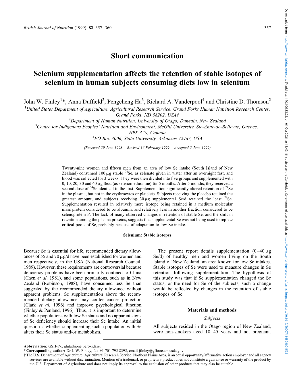 Selenium Supplementation Affects the Retention of Stable Isotopes of Selenium in Human Subjects Consuming Diets Low in Selenium