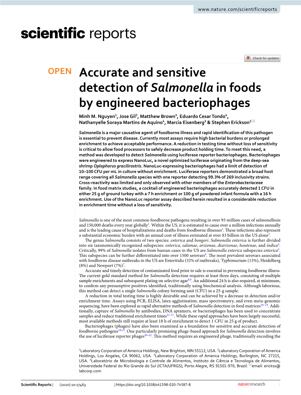 Accurate and Sensitive Detection of Salmonella in Foods by Engineered Bacteriophages Minh M