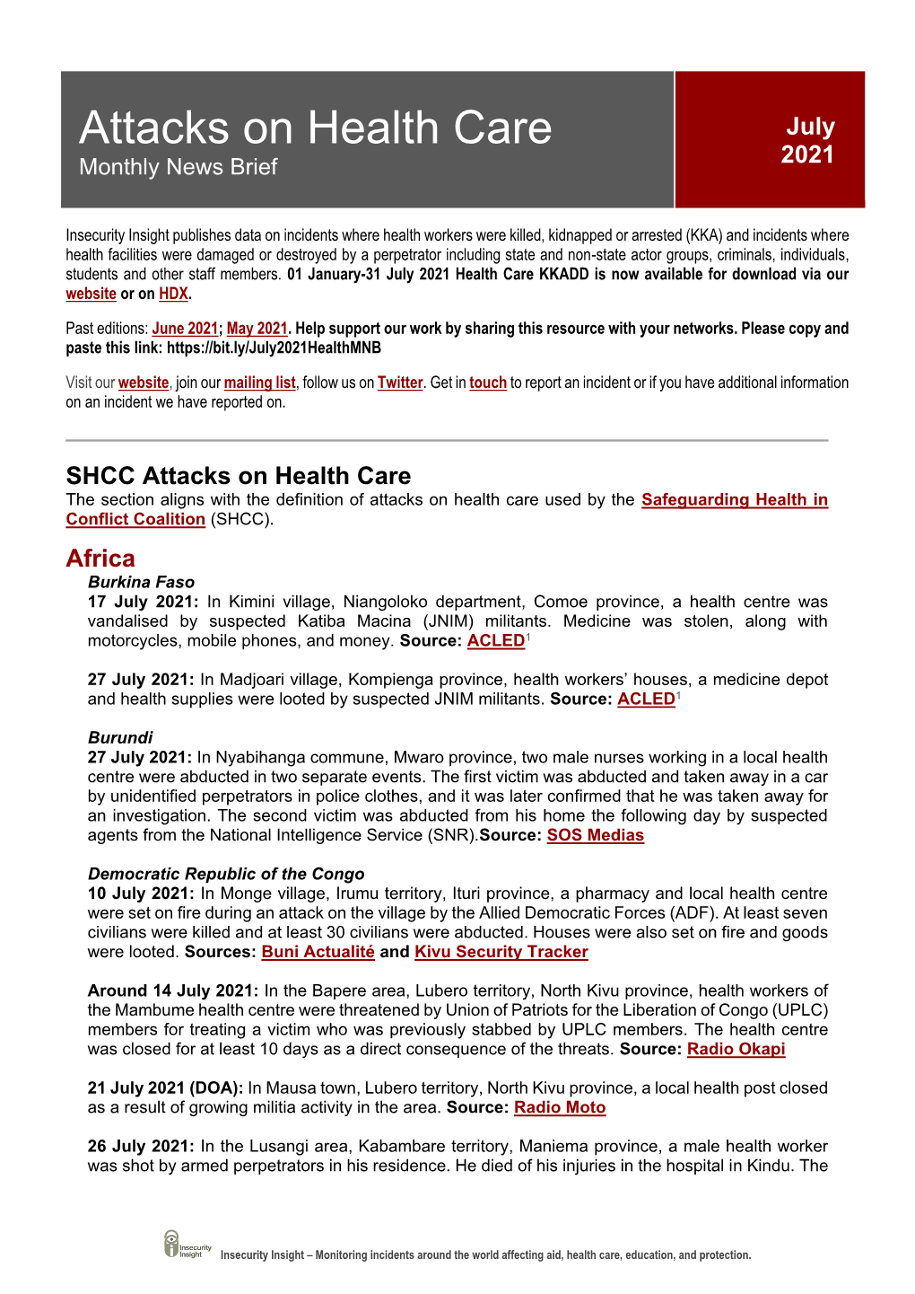 Attacks on Health Care July 2021 Monthly News Brief