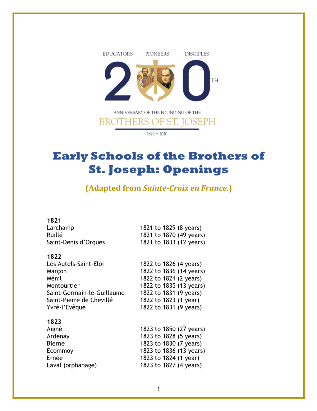 Early Schools of the Brothers of St. Joseph: Openings