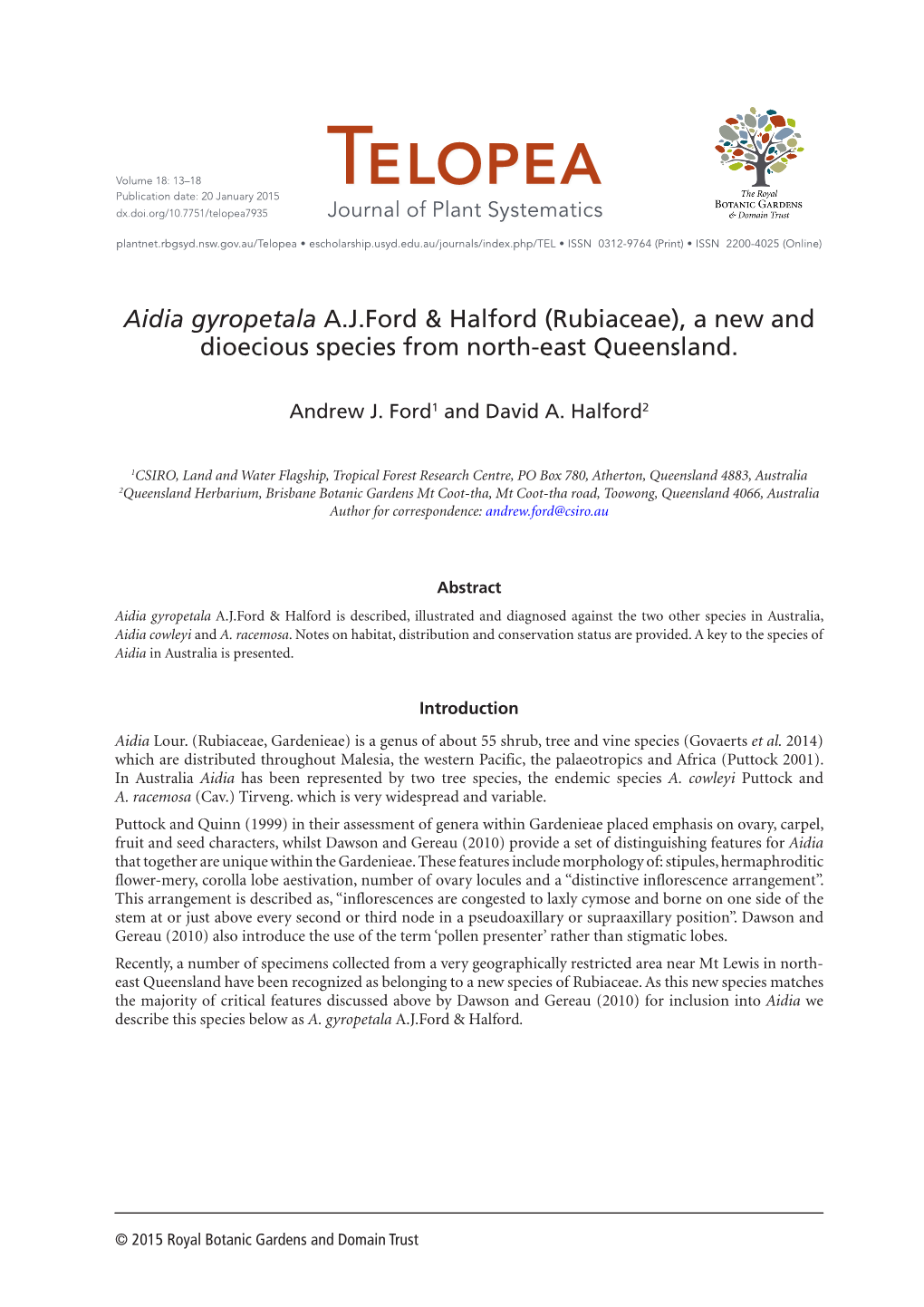 Aidia Gyropetala A.J.Ford & Halford (Rubiaceae), a New and Dioecious Species from North-East Queensland