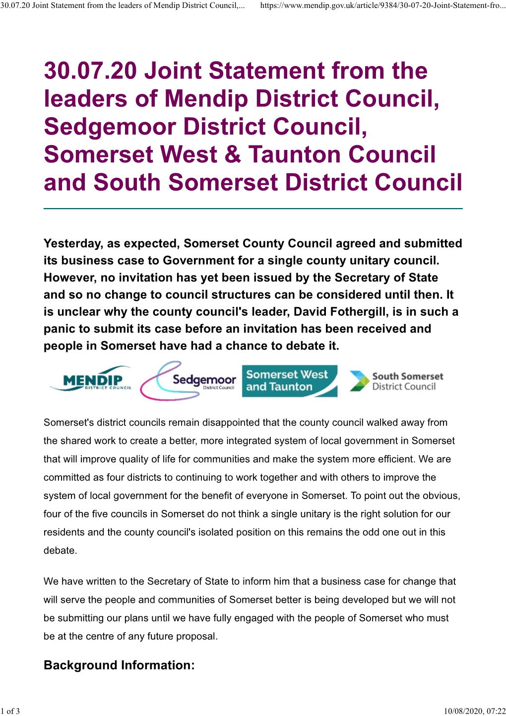 30.07.20 Joint Statement from the Leaders of Mendip District Council