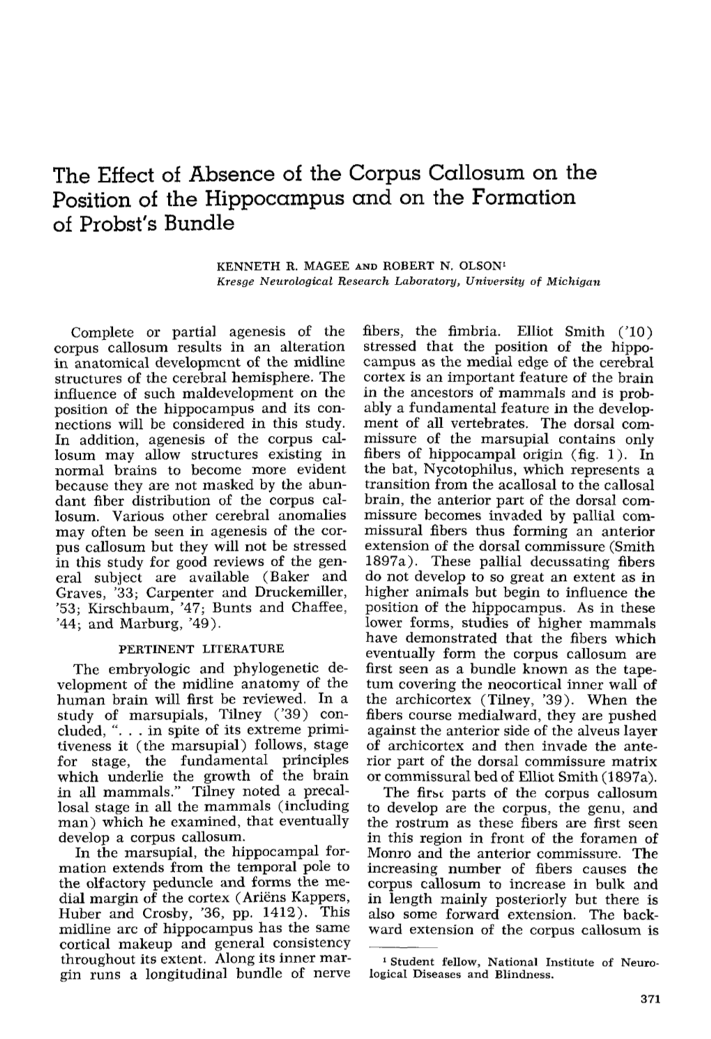 The Effect of Absence of the Corpus Callosum on the Position of the Hippocampus and on the Formation of Probst's Bundle