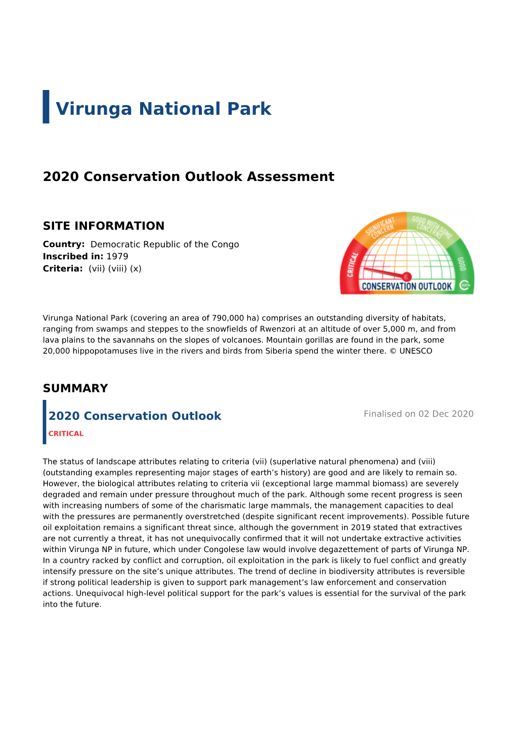 2020 Conservation Outlook Assessment