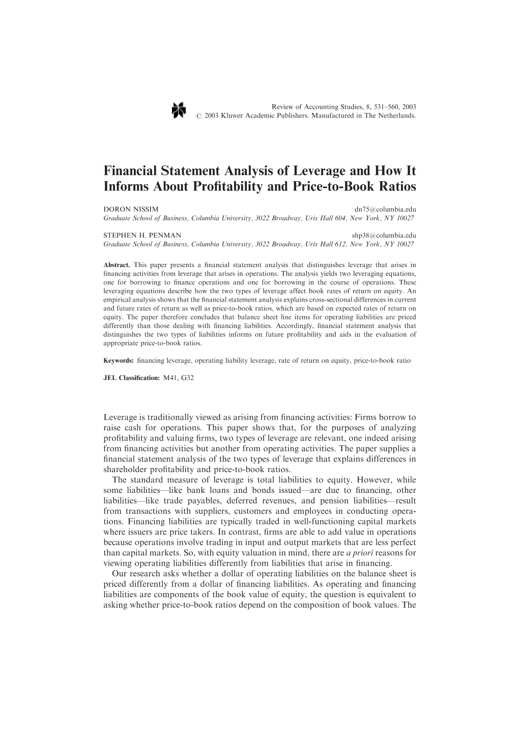 Financial Statement Analysis of Leverage and How It Informs About Proﬁtability and Price-To-Book Ratios