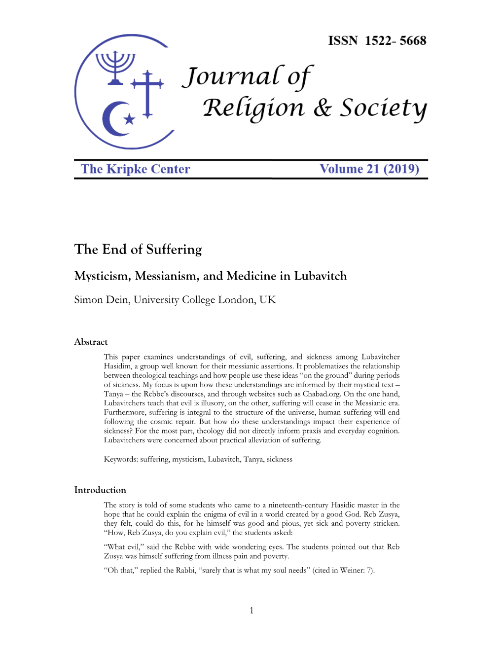 The End of Suffering Mysticism, Messianism, and Medicine in Lubavitch