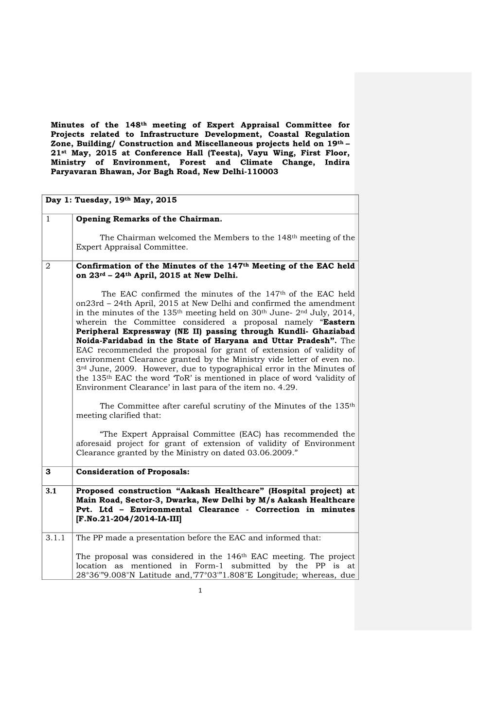 Minutes of the 148Th Meeting of Expert Appraisal Committee for Projects Related to Infrastructure Development, Coastal Regulatio