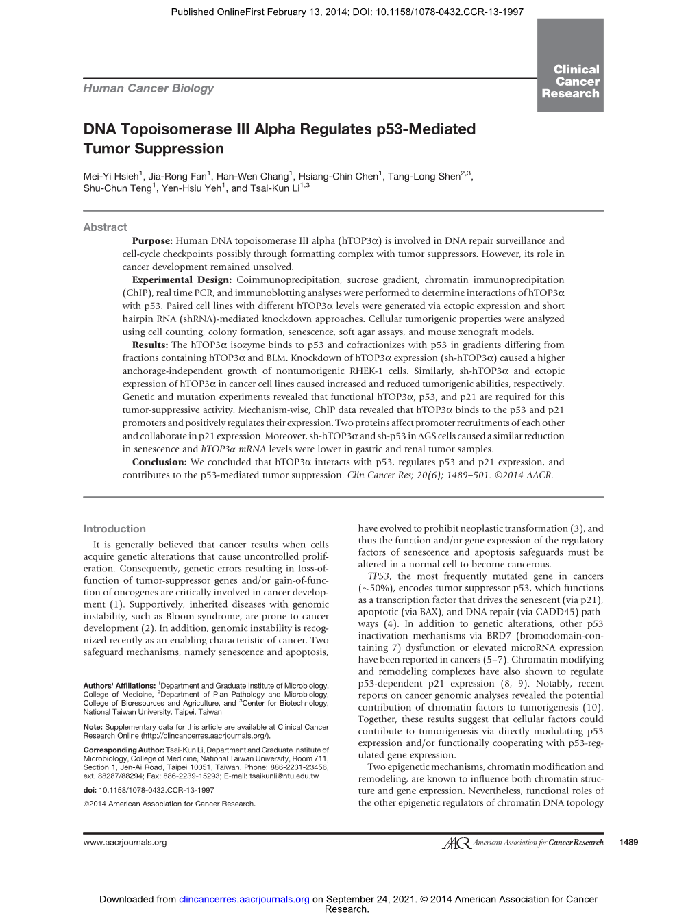 DNA Topoisomerase III Alpha Regulates P53-Mediated Tumor Suppression