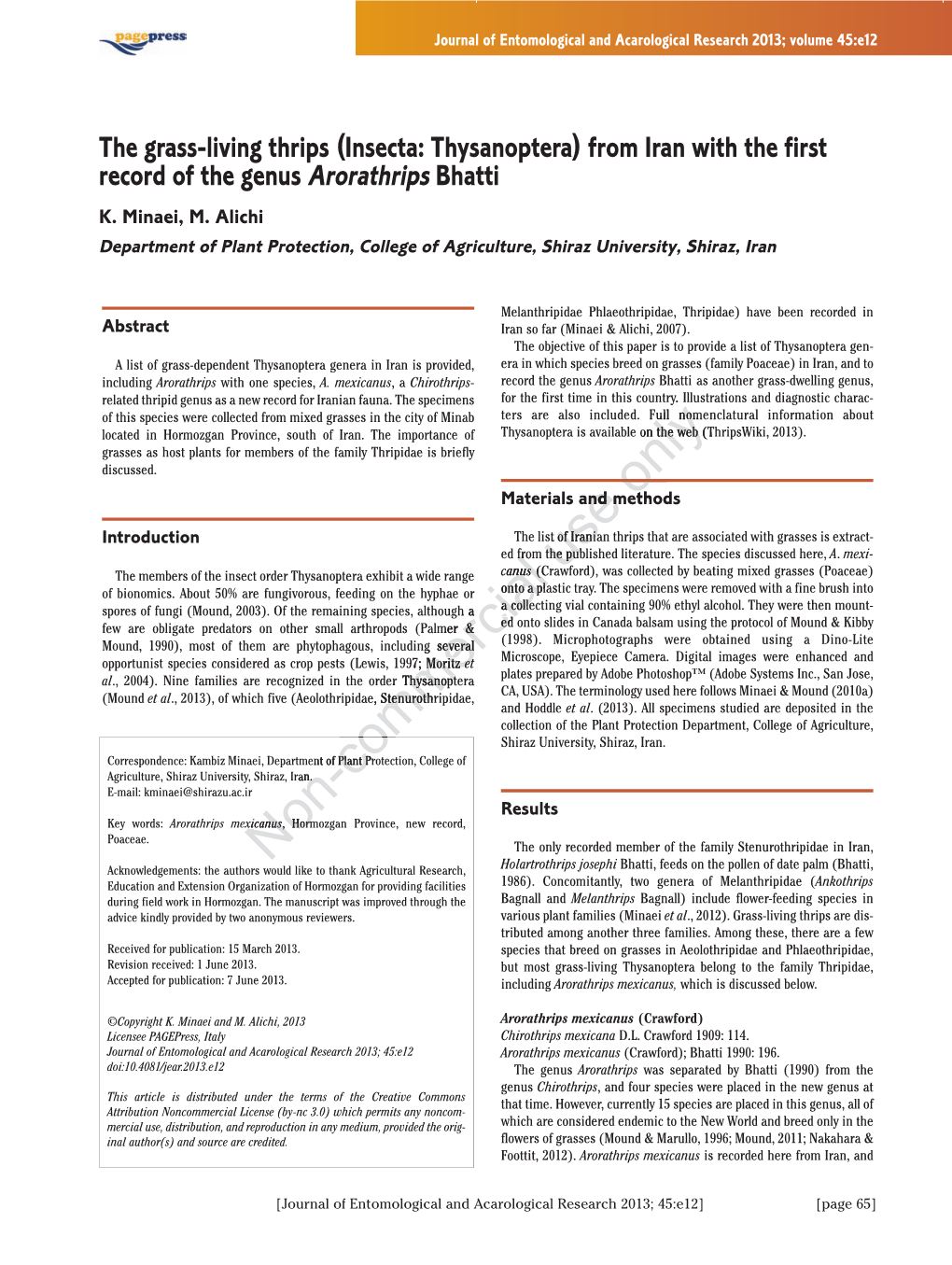 Insecta: Thysanoptera) from Iran with the First Record of the Genus Arorathrips Bhatti K