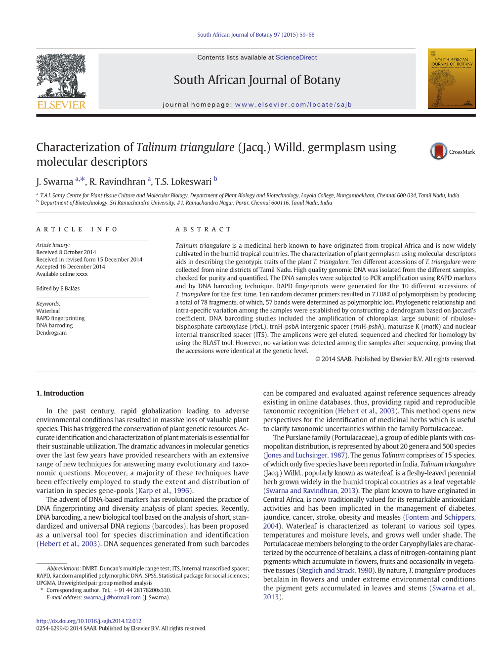 Characterization of Talinum Triangulare (Jacq.) Willd