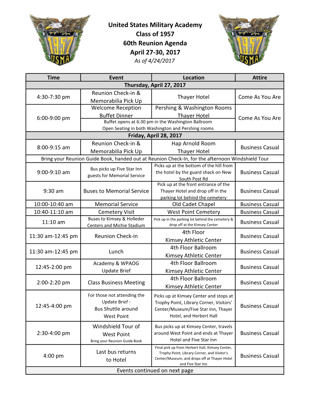 United States Military Academy Class of 1957 60Th Reunion Agenda April 27-30, 2017 As of 4/24/2017