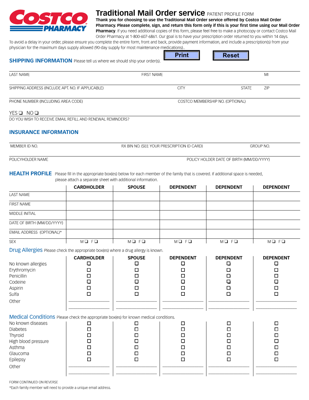 Traditional Mail Order Service Patient Profile Form Thank You for Choosing to Use the Traditional Mail Order Service Offered by Costco Mail Order Pharmacy