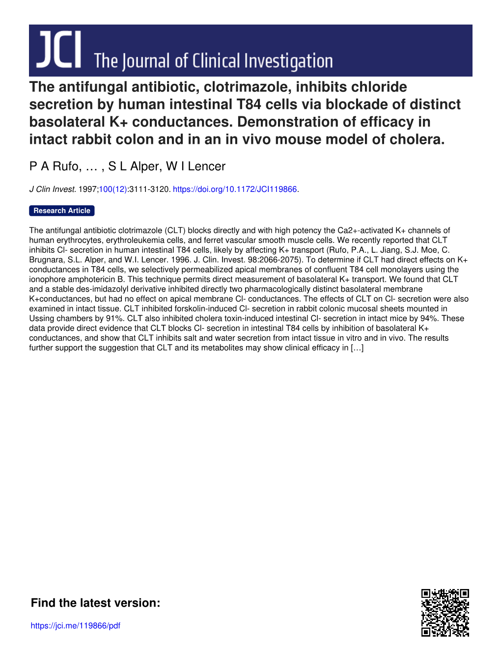 The Antifungal Antibiotic, Clotrimazole, Inhibits Chloride Secretion by Human Intestinal T84 Cells Via Blockade of Distinct Basolateral K+ Conductances