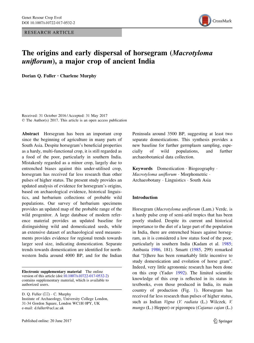 The Origins and Early Dispersal of Horsegram (Macrotyloma Uniflorum