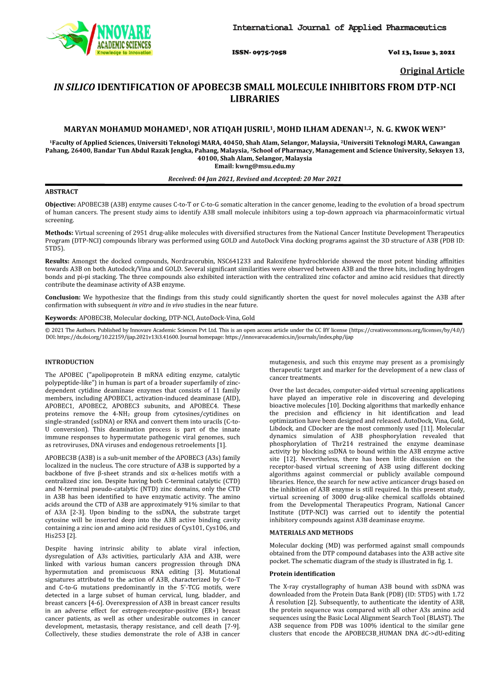 In Silico Identification of Apobec3b Small Molecule Inhibitors from Dtp-Nci Libraries