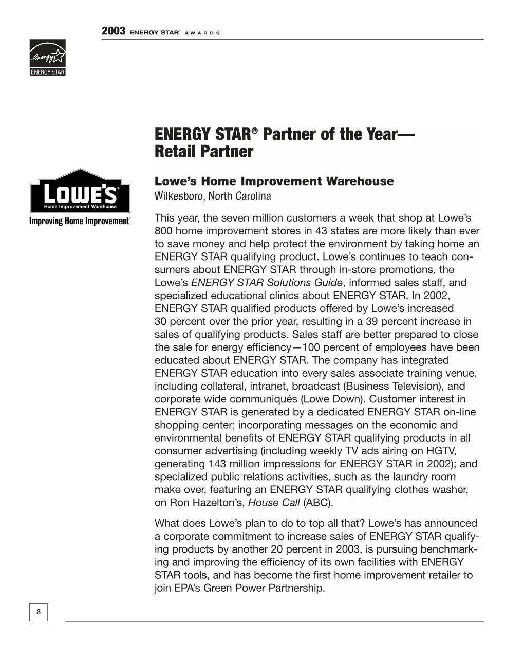 ENERGY STAR® Partner of the Year— Retail Partner