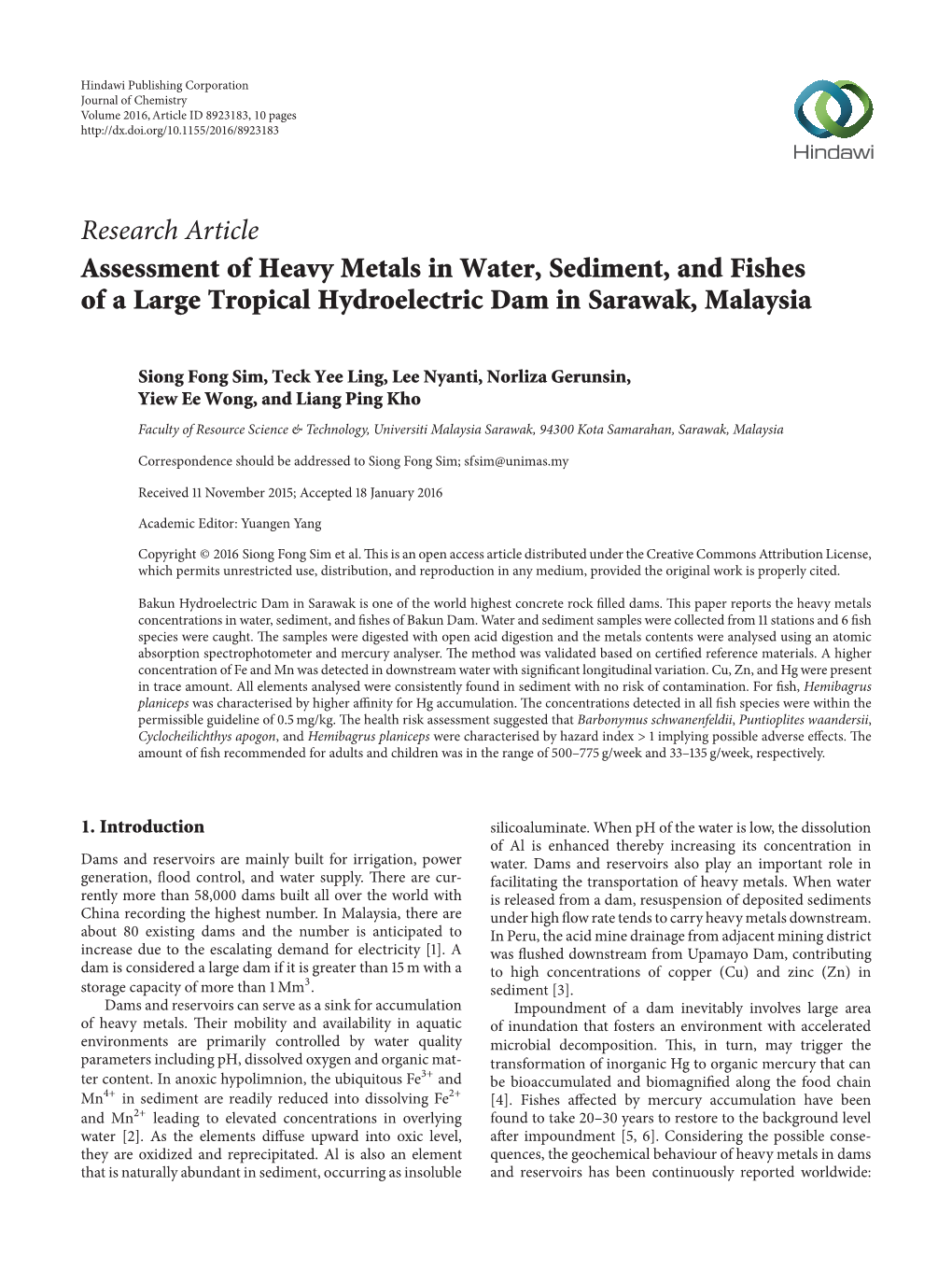 Assessment of Heavy Metals in Water, Sediment, and Fishes of a Large Tropical Hydroelectric Dam in Sarawak, Malaysia