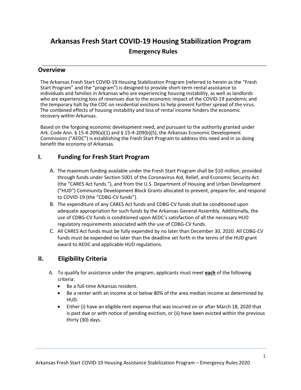 Arkansas Fresh Start COVID-19 Housing Stabilization Program Emergency Rules