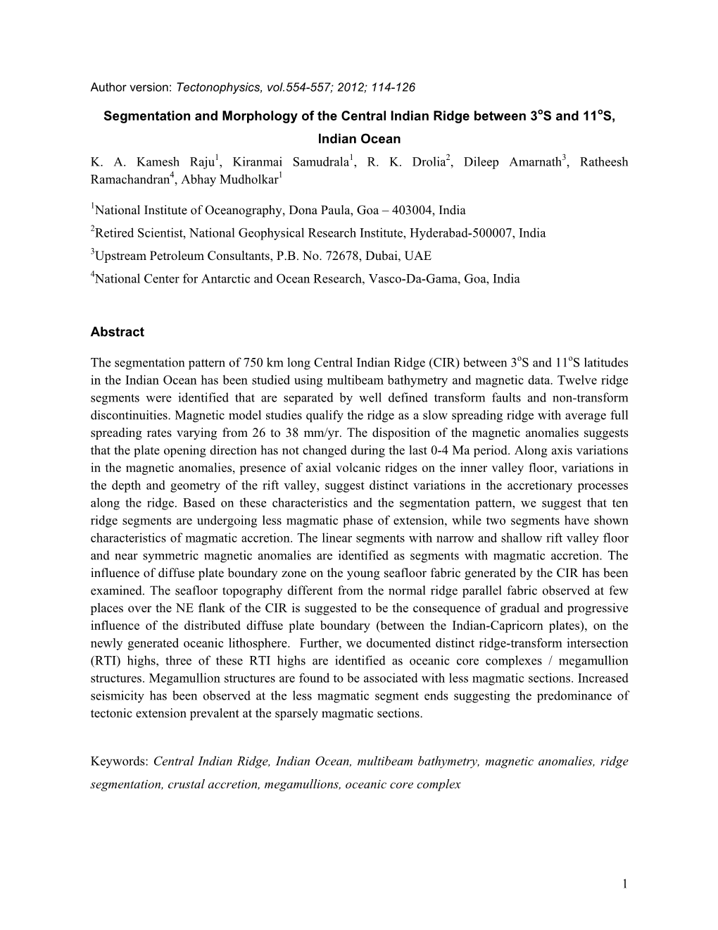 Segmentation and Morphology of the Central Indian Ridge Between 3Os and 11Os, Indian Ocean K