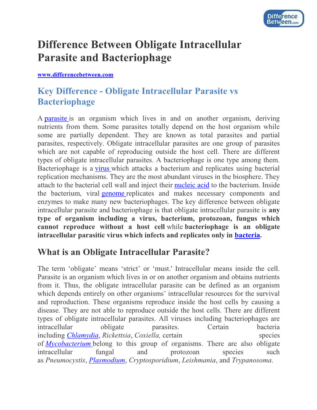Difference Between Obligate Intracellular Parasite and Bacteriophage Key Difference - Obligate Intracellular Parasite Vs Bacteriophage