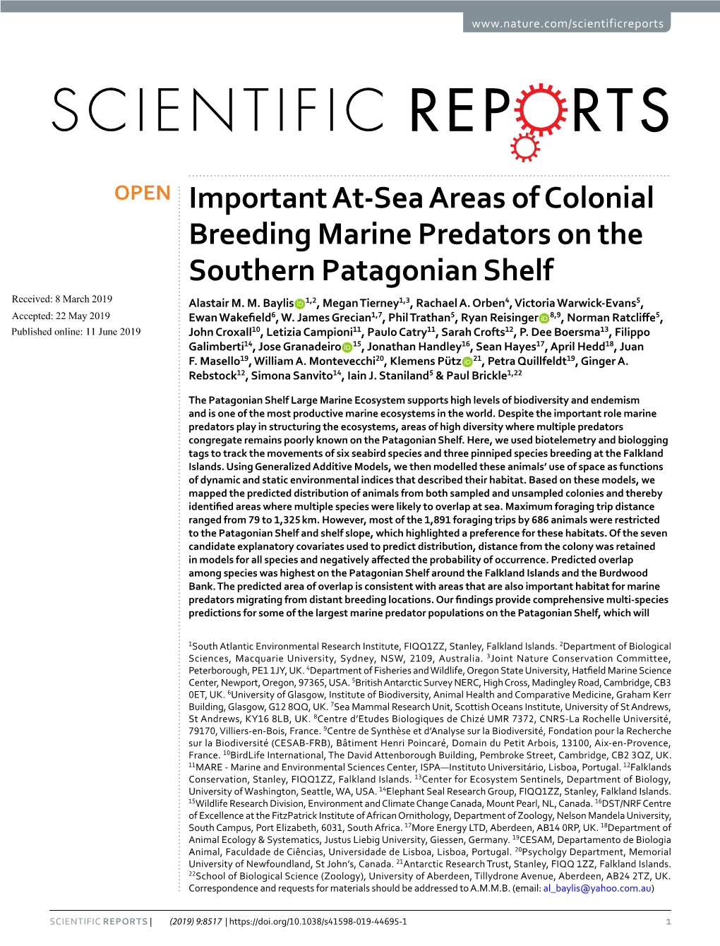Important At-Sea Areas of Colonial Breeding Marine Predators on the Southern Patagonian Shelf Received: 8 March 2019 Alastair M