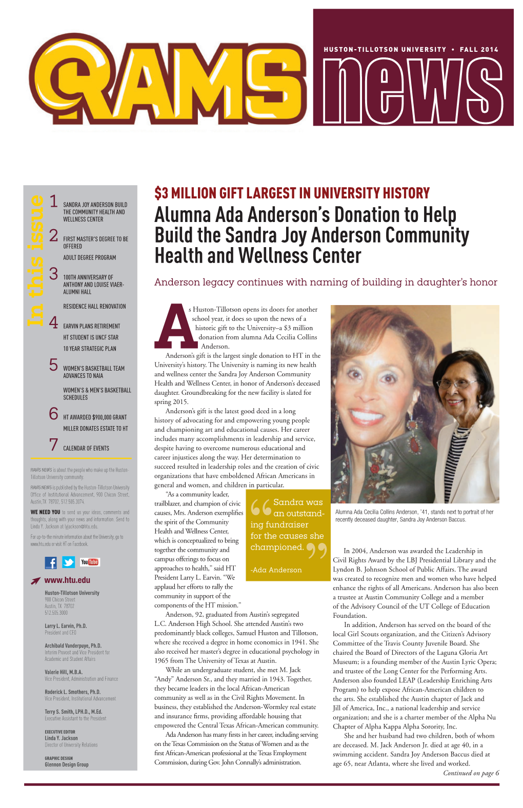 Alumna Ada Anderson's Donation to Help Build the Sandra Joy