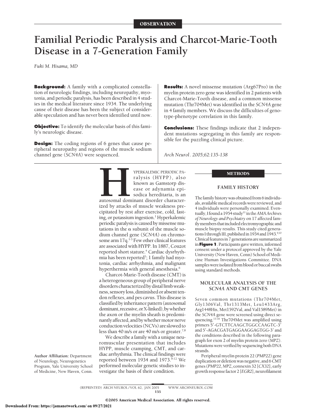 Familial Periodic Paralysis and Charcot-Marie-Tooth Disease in a 7-Generation Family