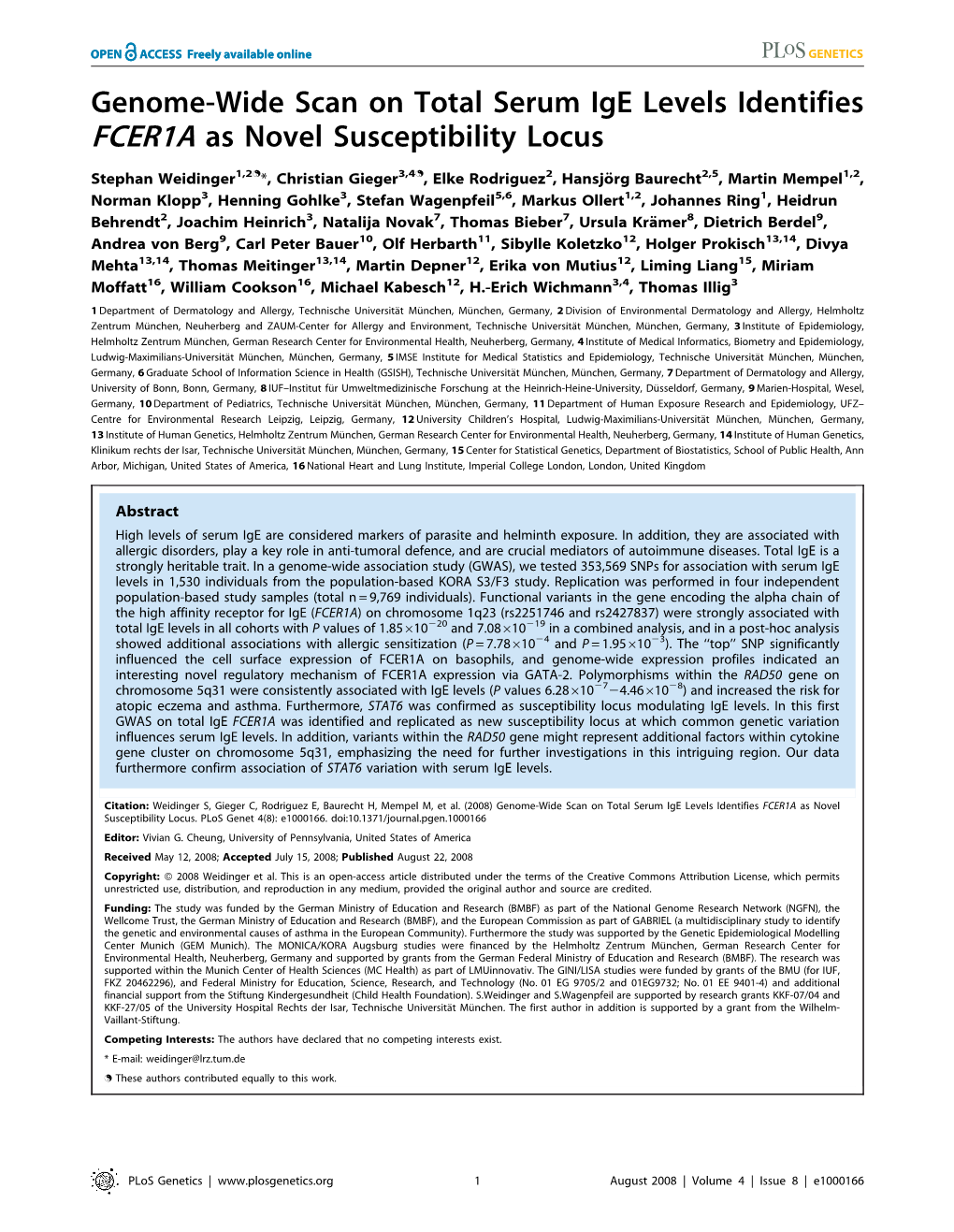 Genome-Wide Scan on Total Serum Ige Levels Identifies FCER1A As Novel Susceptibility Locus